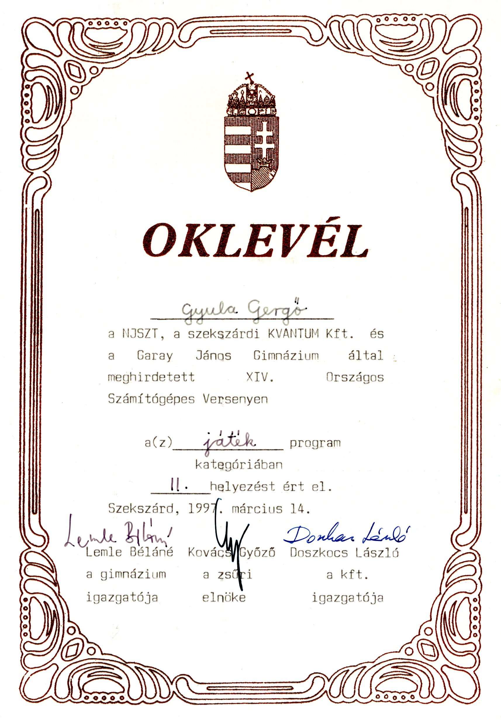 Garay competition certificate